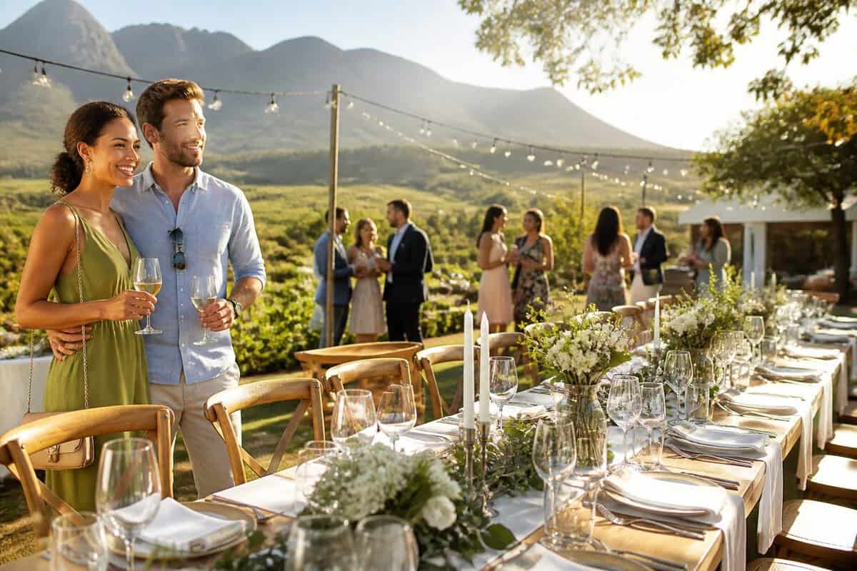 An intimate wedding reception at a scenic Western Cape venue with simple elegant décor and guests mingling.