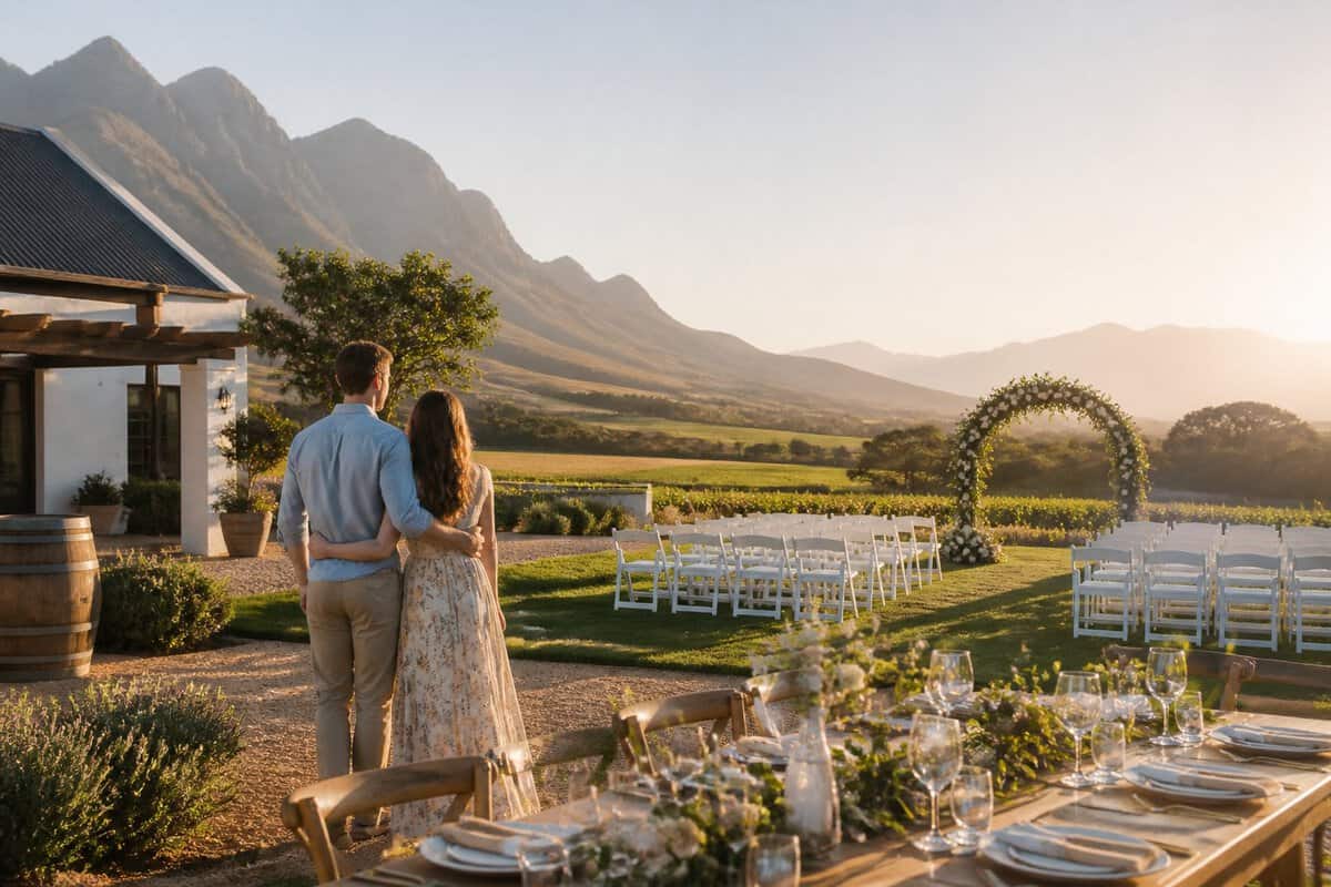 A couple explores an affordable outdoor wedding venue among vineyards and mountains in the Western Cape.