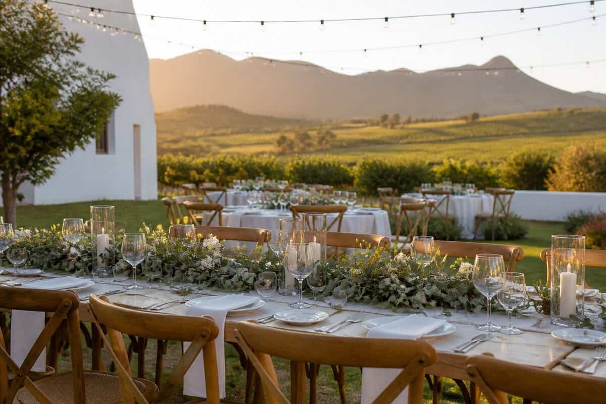 An intimate outdoor wedding reception at a scenic Western Cape venue with simple elegant décor, vineyards, and mountains in the background.