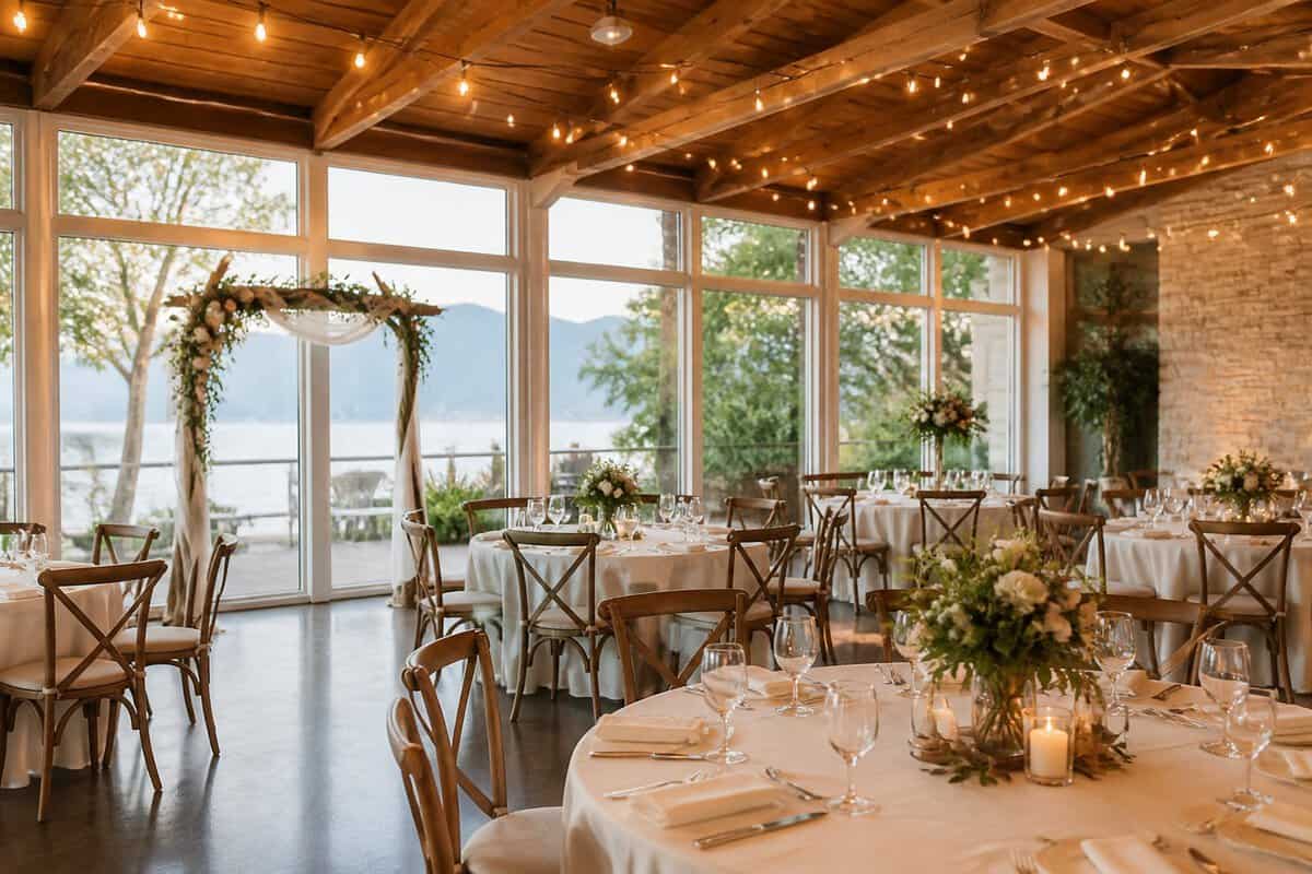 An elegant, budget-friendly wedding venue in Vancouver with simple decorations, dining tables, warm lighting, and greenery visible through large windows.