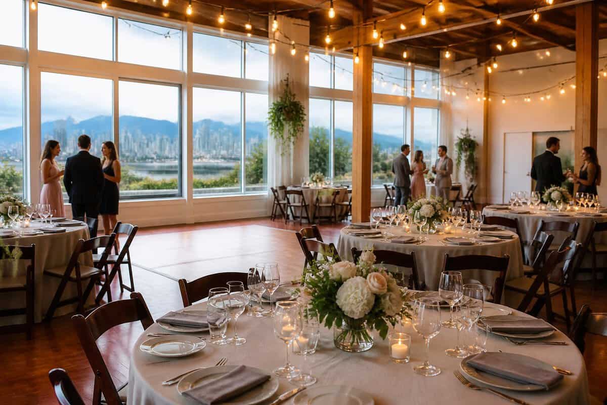 A modestly decorated wedding reception in a bright Vancouver event venue with mountains visible through the windows.