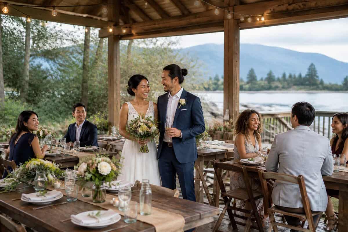 A couple and guests celebrate an intimate wedding reception in an affordable outdoor Vancouver venue.