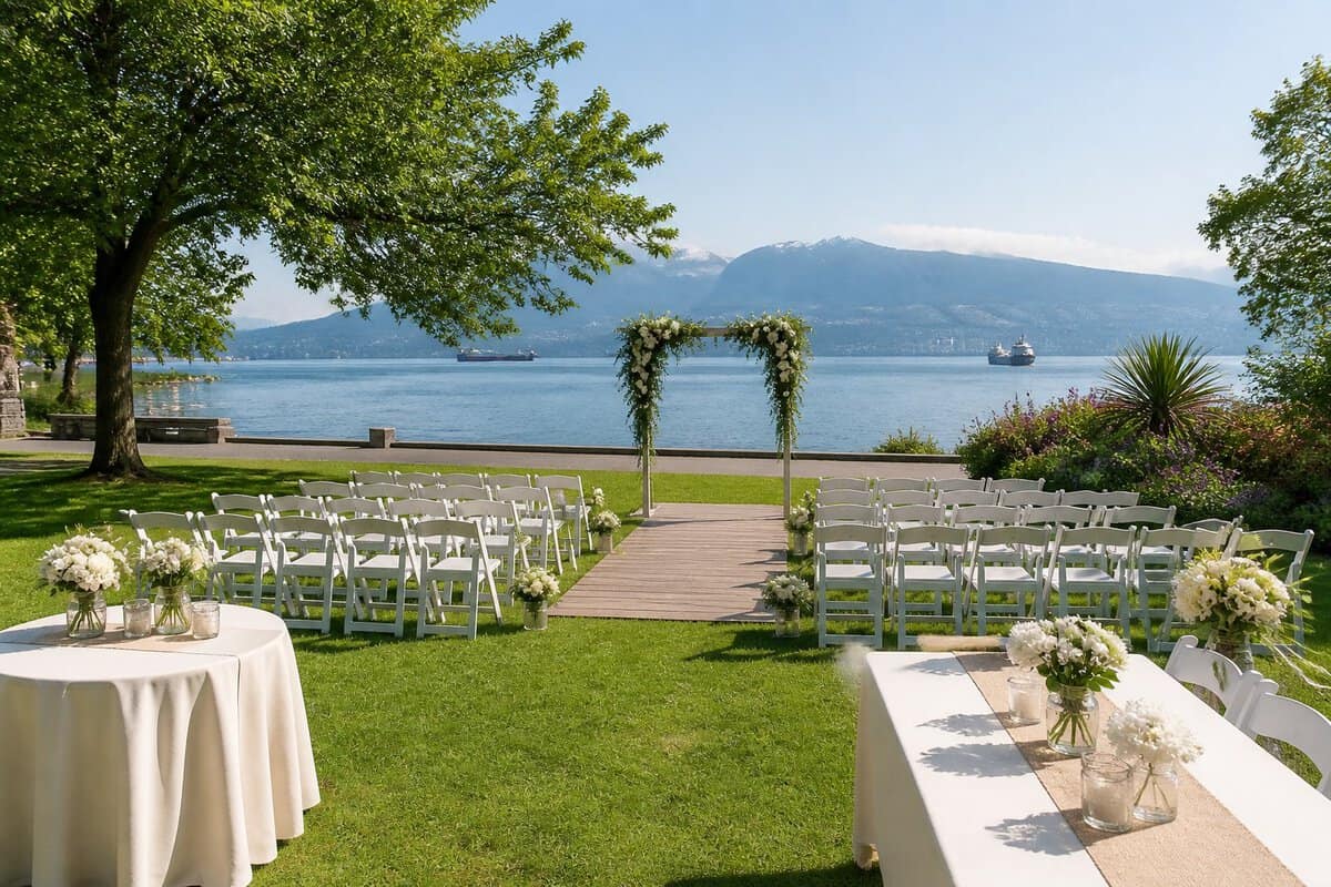 A simple outdoor wedding ceremony set up in a lush Vancouver garden beside calm waterfront scenery.