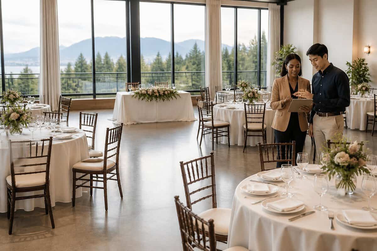 A couple reviews the seating layout in a bright Vancouver wedding venue prepared for a medium-sized celebration.
