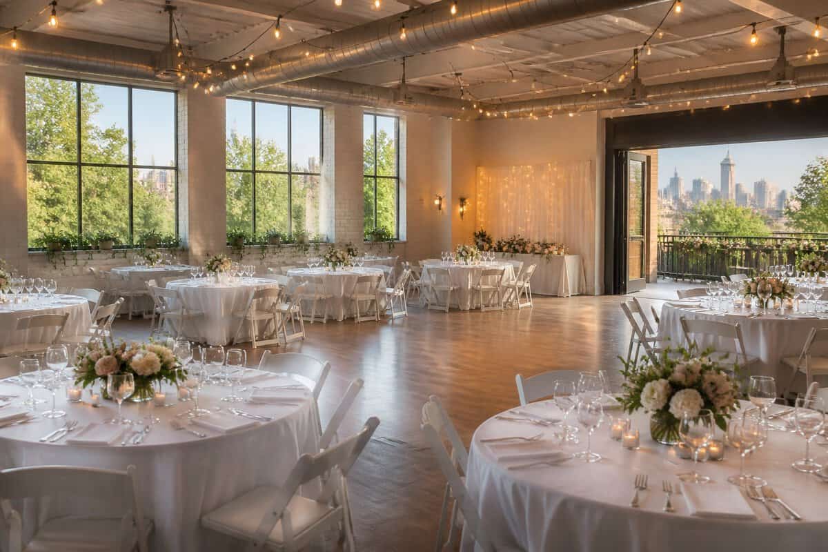 A modestly decorated wedding reception venue with round tables, simple floral centerpieces, and warm lights in a Toronto setting.