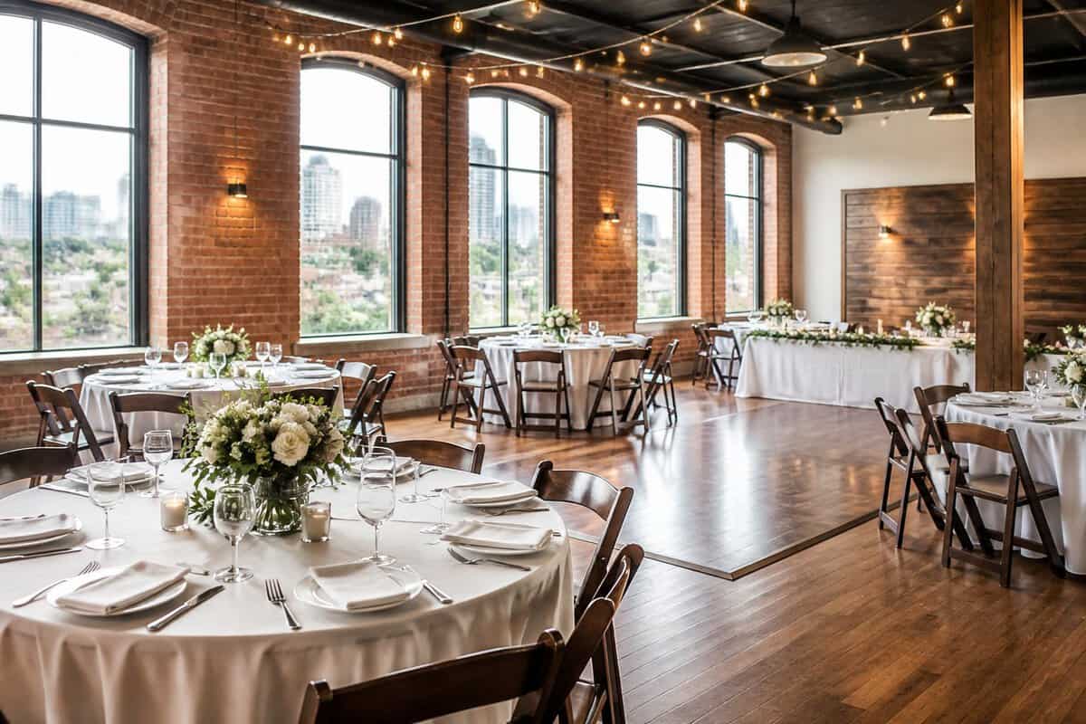 An affordable wedding reception venue in Toronto with simply decorated tables and warm lighting.