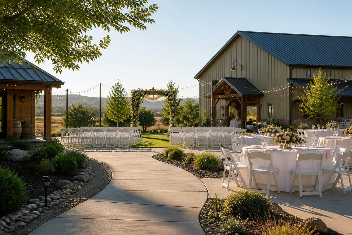 A modest wedding venue with simple decorations, outdoor seating, and rolling hills in the background.
