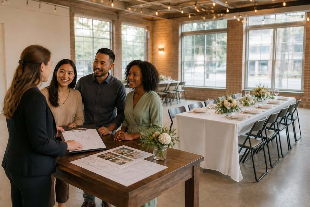 A couple and an event coordinator compare affordable wedding venue options in a warmly decorated Toronto event space.