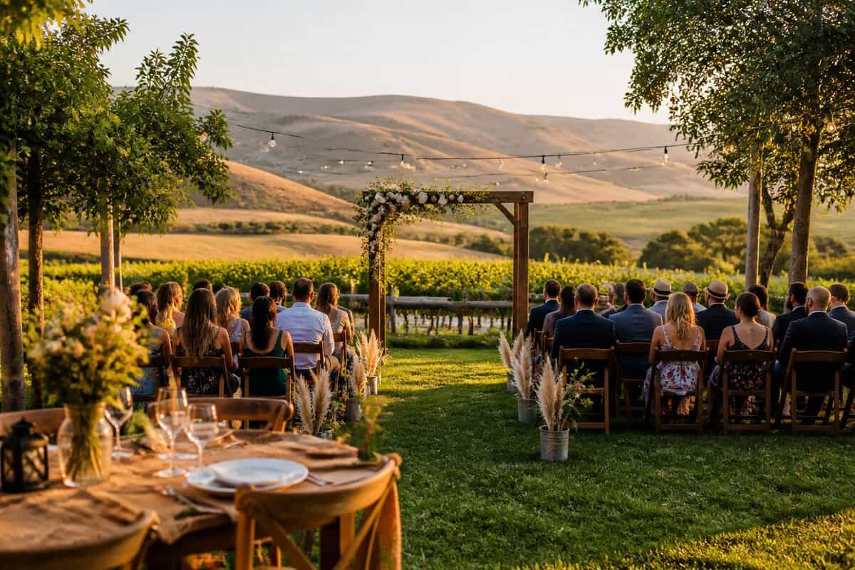 A modest outdoor wedding venue with decorated chairs, a flower-covered ceremony arch, and hills in the background.