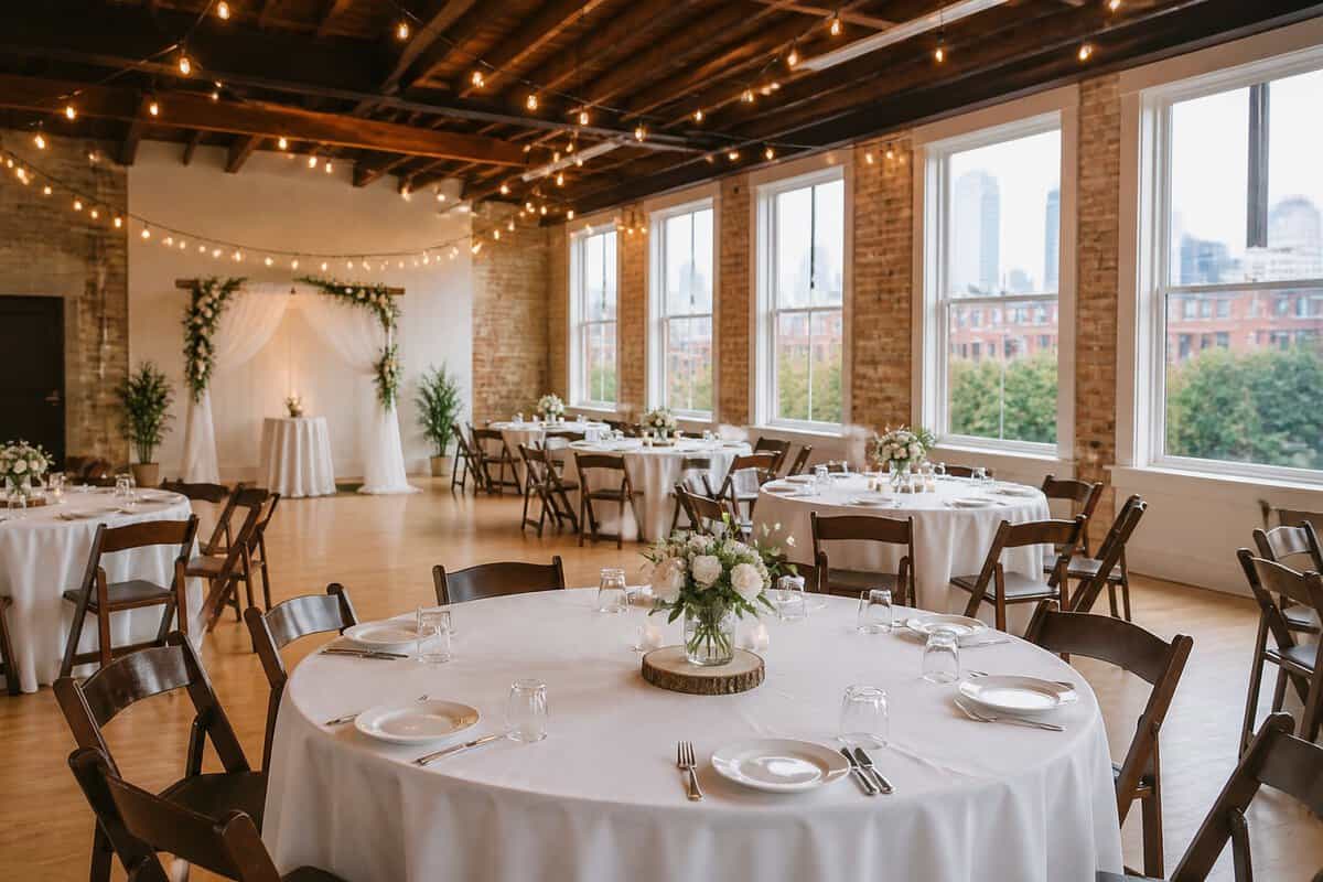 A warmly decorated, budget-friendly wedding reception venue with simple tables, floral centerpieces, and Toronto city views through the windows.