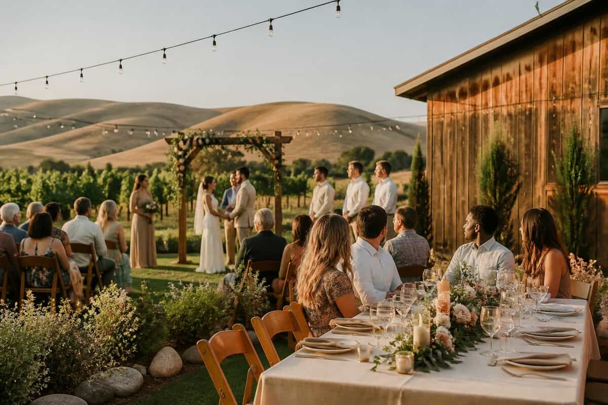 An outdoor wedding ceremony and reception at a modest venue surrounded by greenery and rolling hills.
