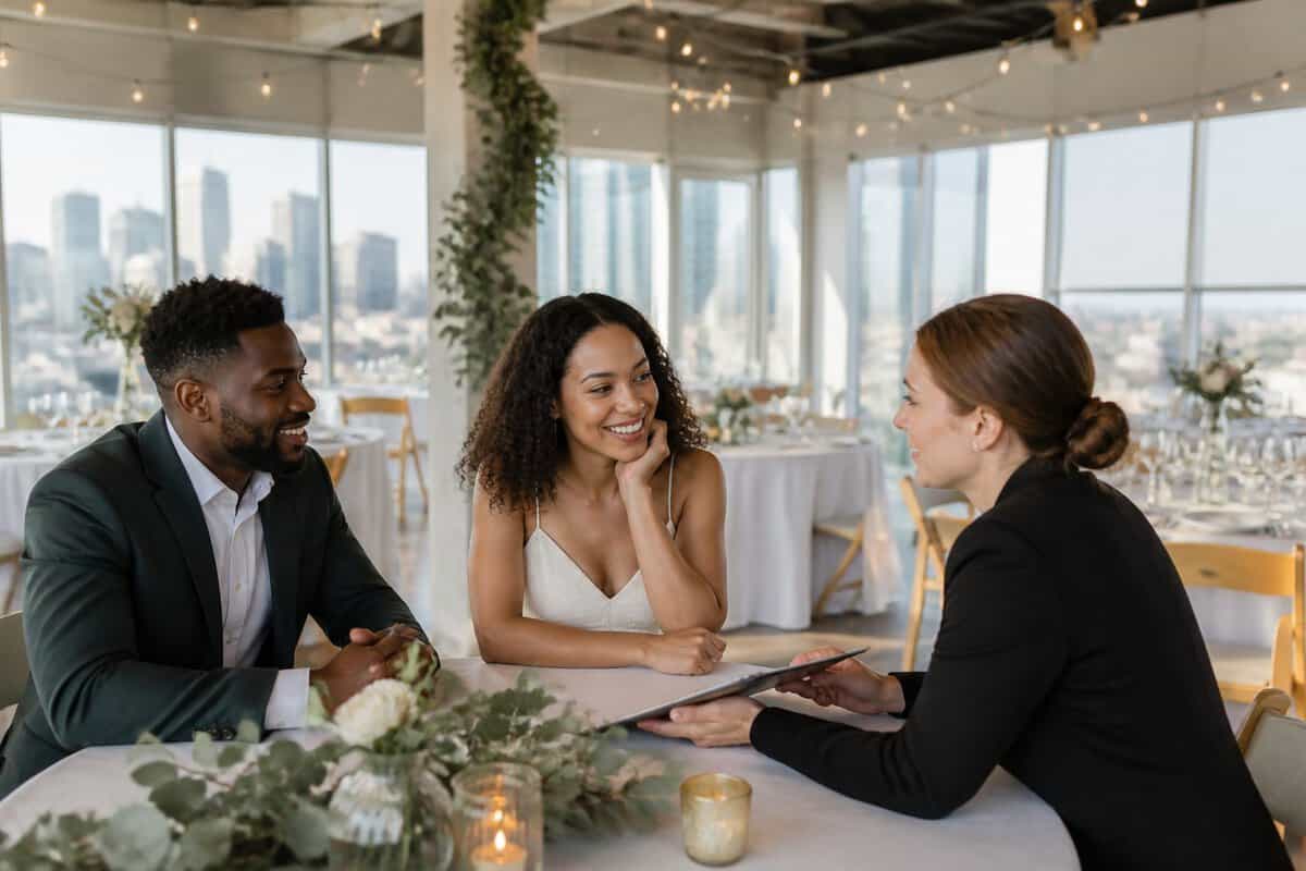 A couple discusses wedding plans with a venue coordinator in a modest, warmly decorated reception hall.