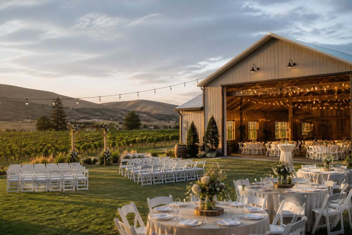 A modest outdoor wedding setup at a scenic Yakima Valley venue with chairs, tables, and a rustic building.