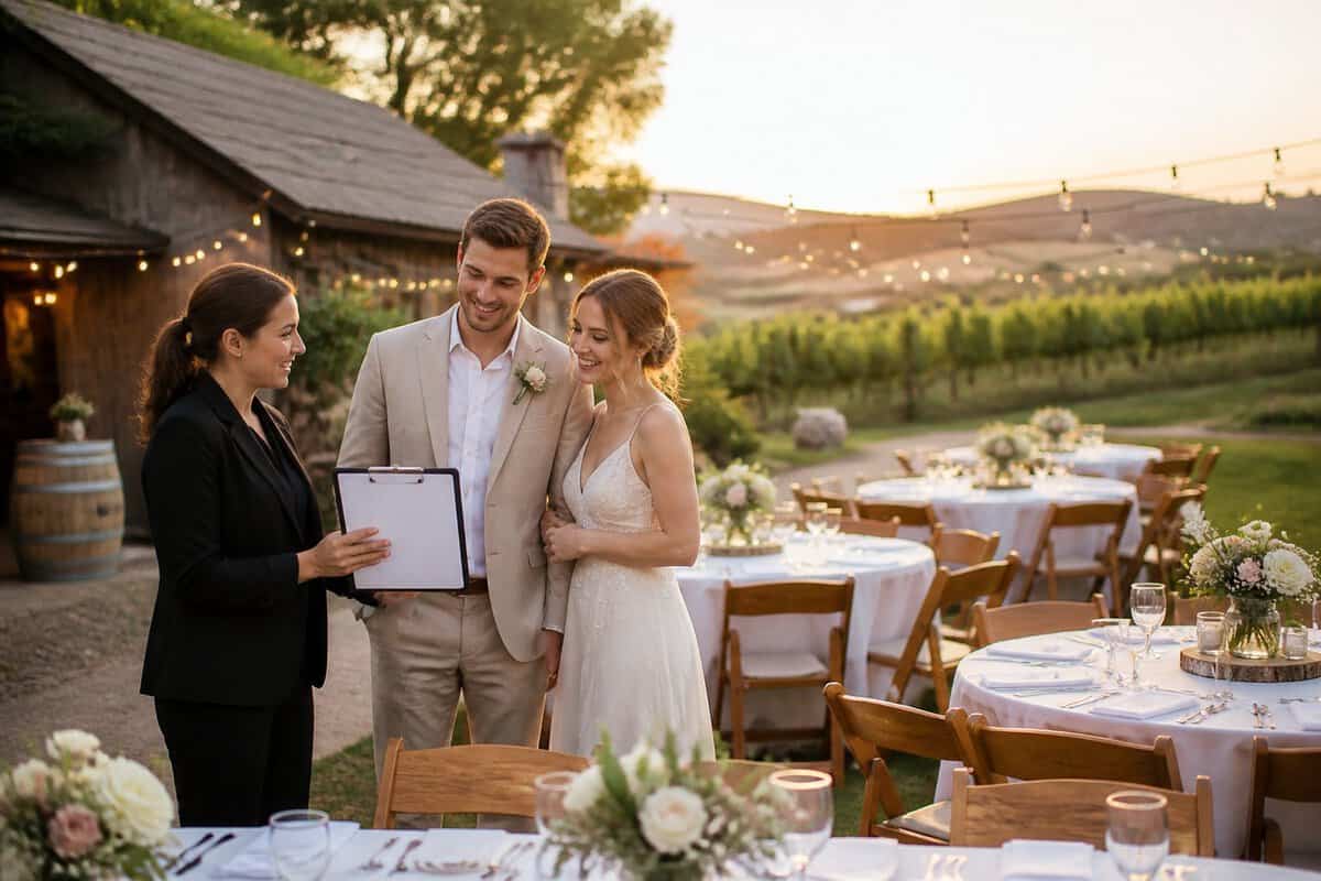 A couple reviews wedding arrangements at an intimate outdoor venue with simply decorated tables and vineyard scenery.