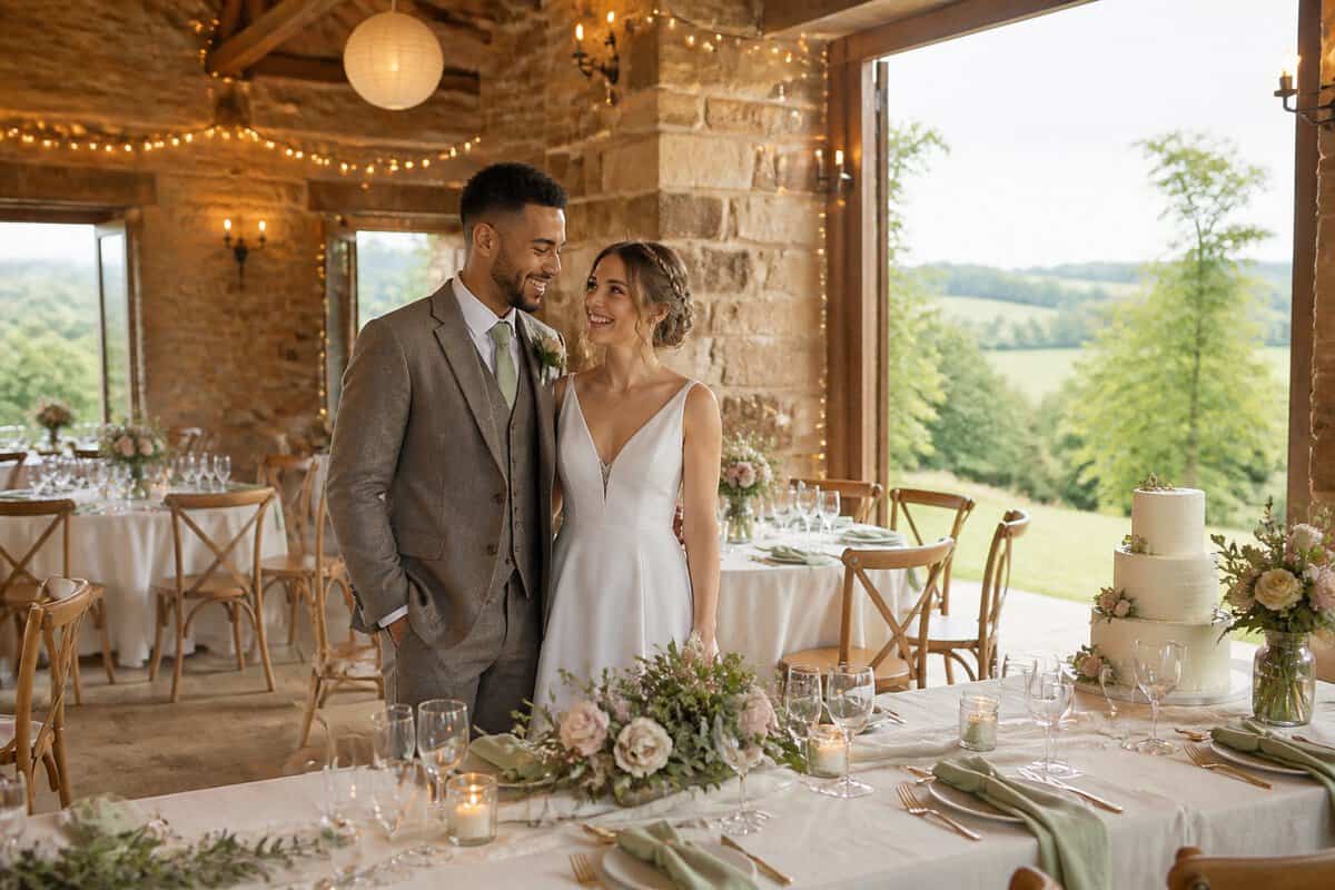 A happy newlywed couple stands in a warmly decorated, affordable wedding reception venue overlooking green countryside.