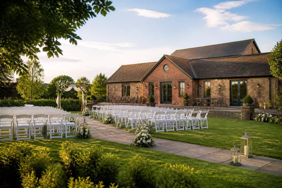 An elegant, affordable-looking wedding venue with a simple outdoor ceremony setup in a leafy West Midlands setting.