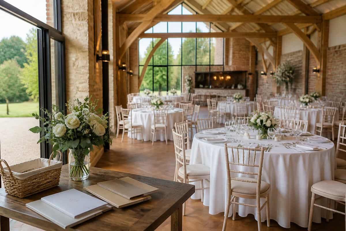 An affordable wedding reception venue with simple elegant table settings and countryside grounds visible through the windows.