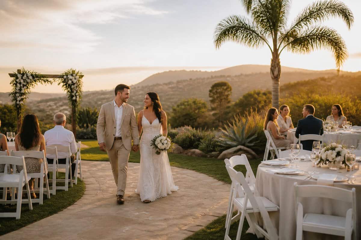 A couple and guests gather at a simple outdoor wedding venue with garden seating and a decorated ceremony arch.