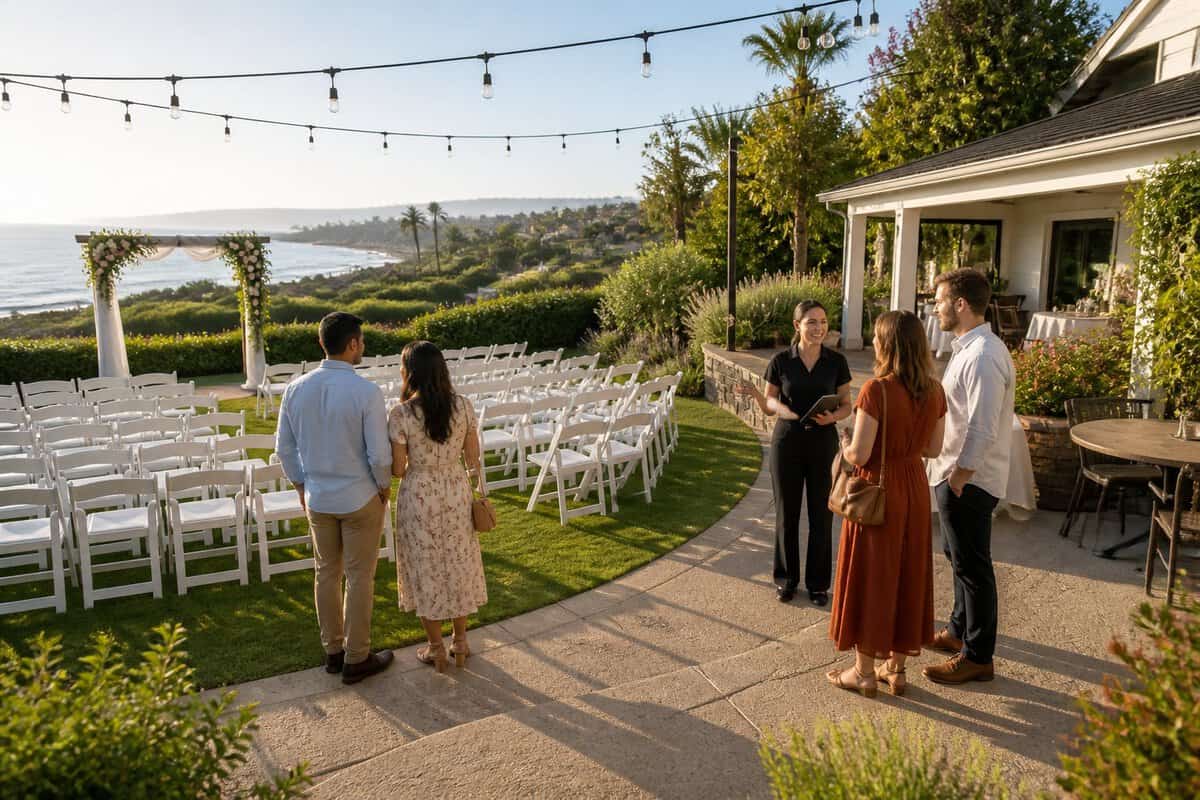 Guests compare a charming outdoor wedding venue with simple ceremony seating and a decorated arbor.