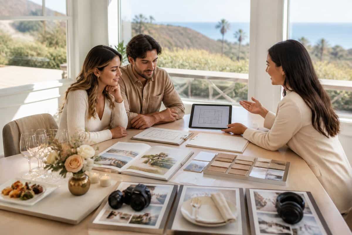 A couple compares wedding venue packages and vendor options with a coordinator at a bright Ventura County venue.