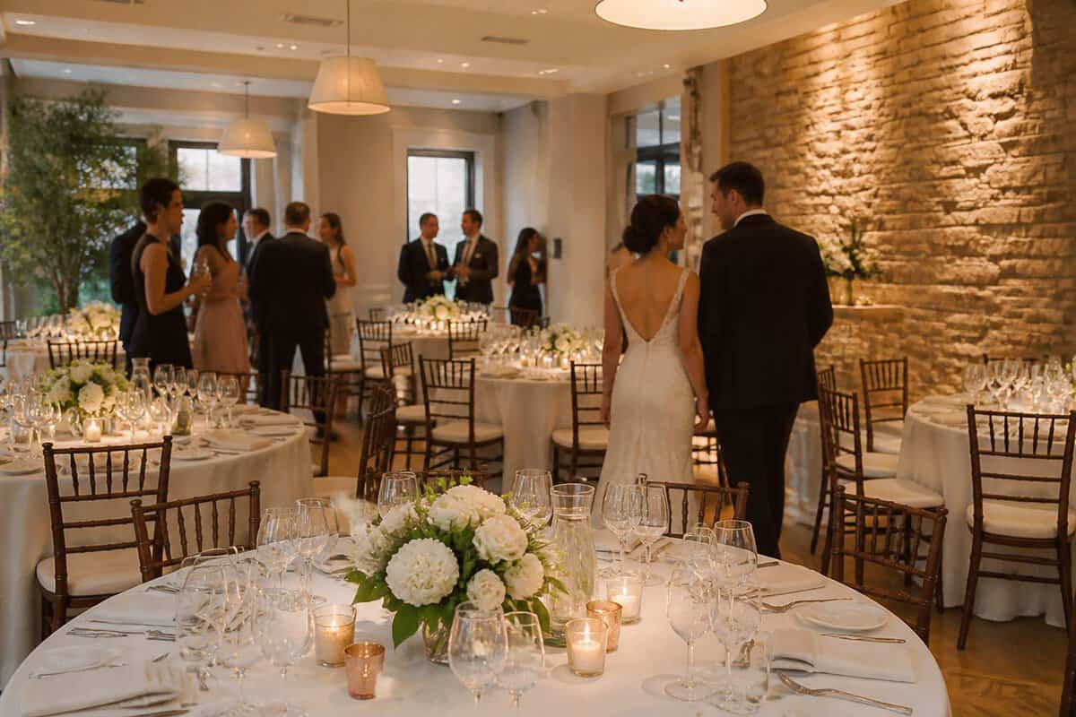 An elegant, modest wedding reception with decorated tables, warm lighting, and guests mingling.