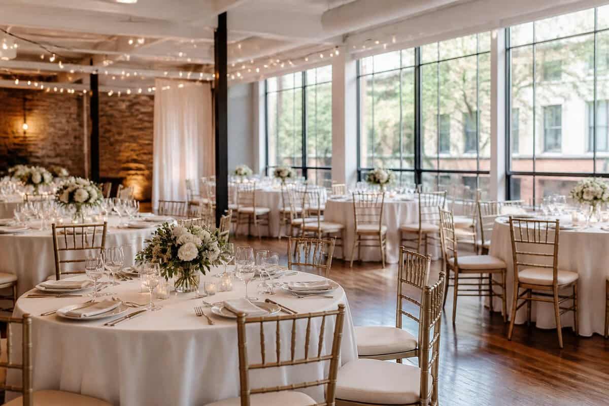 A welcoming wedding reception venue with decorated tables, warm lighting, and large windows.
