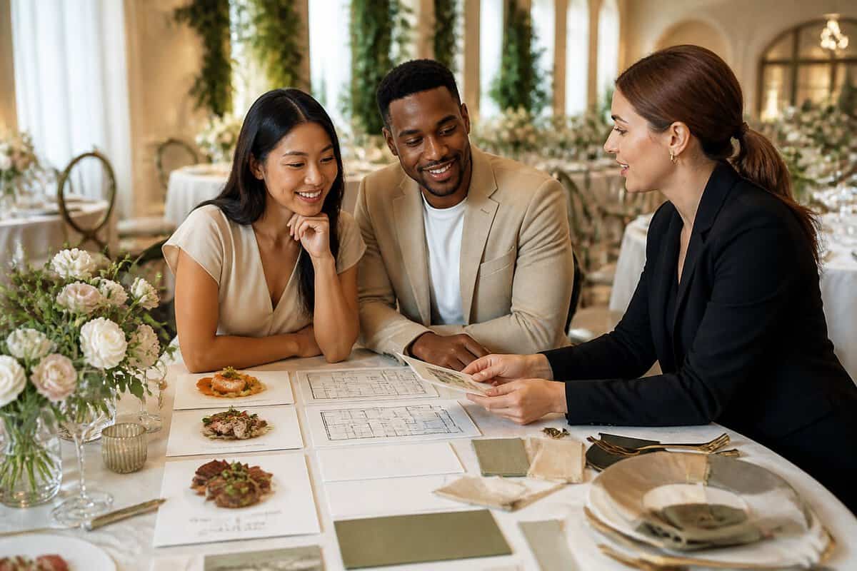 A couple and wedding planner compare wedding package samples at a beautifully arranged reception table.
