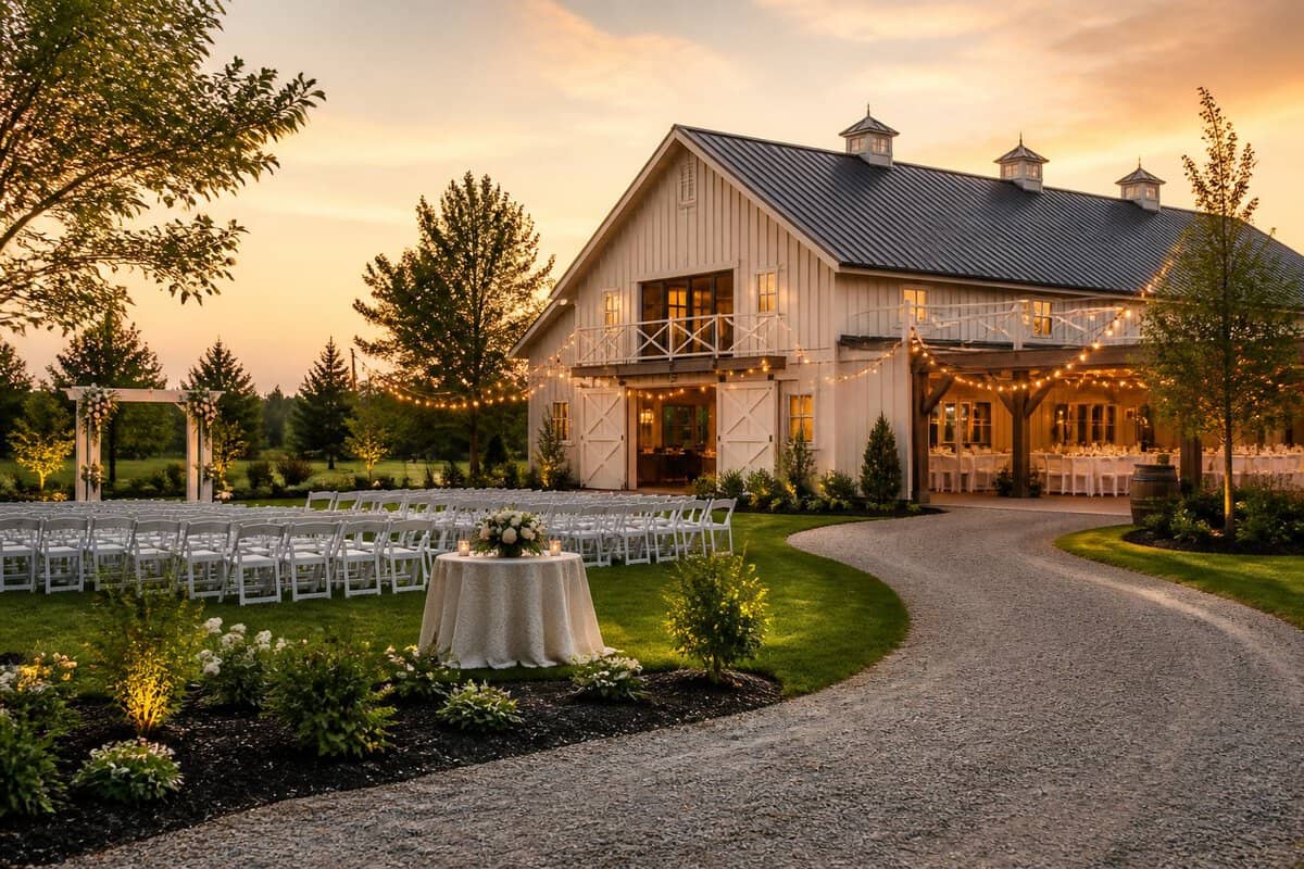A charming countryside wedding venue with simple ceremony seating, floral decorations, and warm string lights.