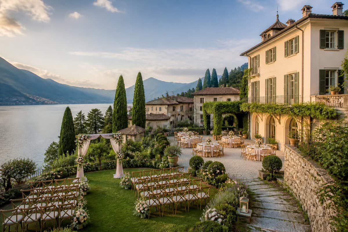 A charming lakeside Italian wedding venue with gardens, simple decorations, and guest accommodation overlooking green hills.