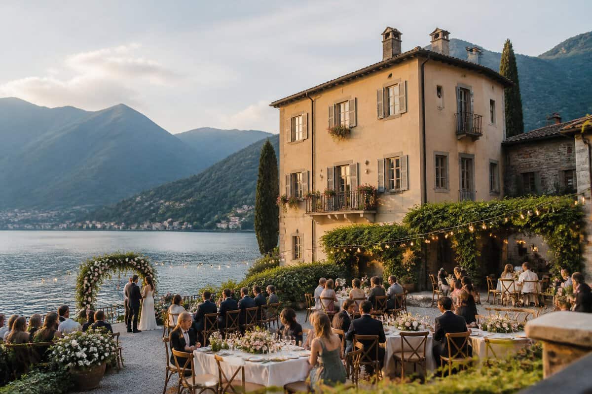 A modest lakeside Italian wedding venue with guest accommodation, a simple outdoor reception, and mountains beyond the lake.