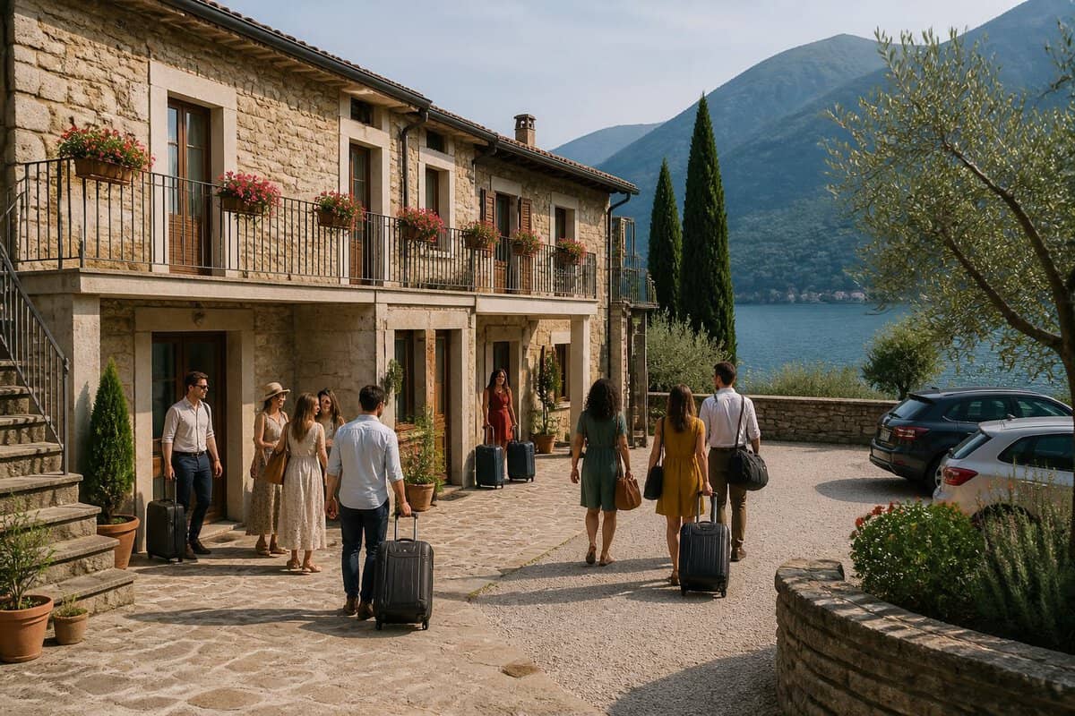 Wedding guests arrive with overnight bags at a lakeside guesthouse in Italy.