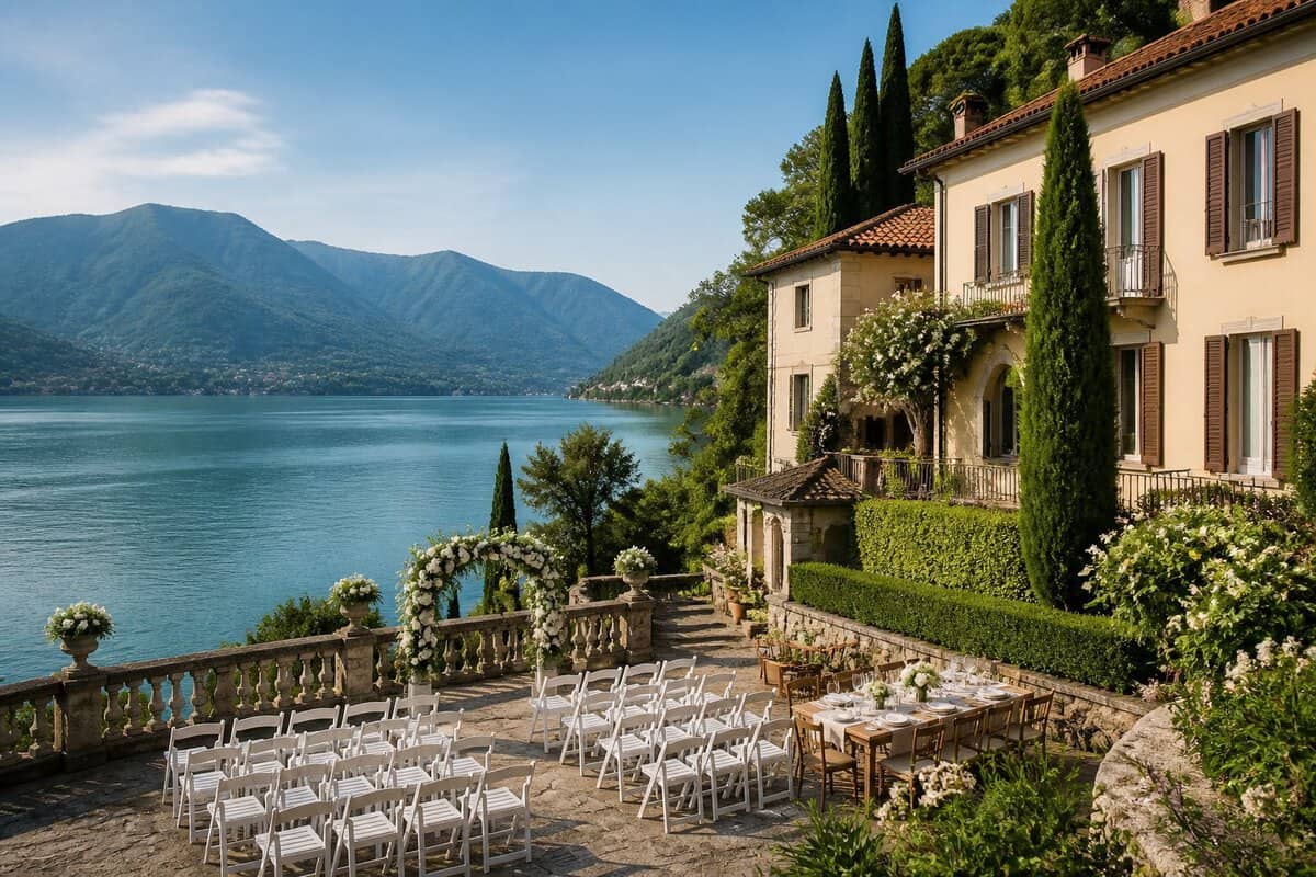 A modest Italian lakeside wedding venue with guest accommodation, gardens, and a small outdoor ceremony setup overlooking wooded hills.