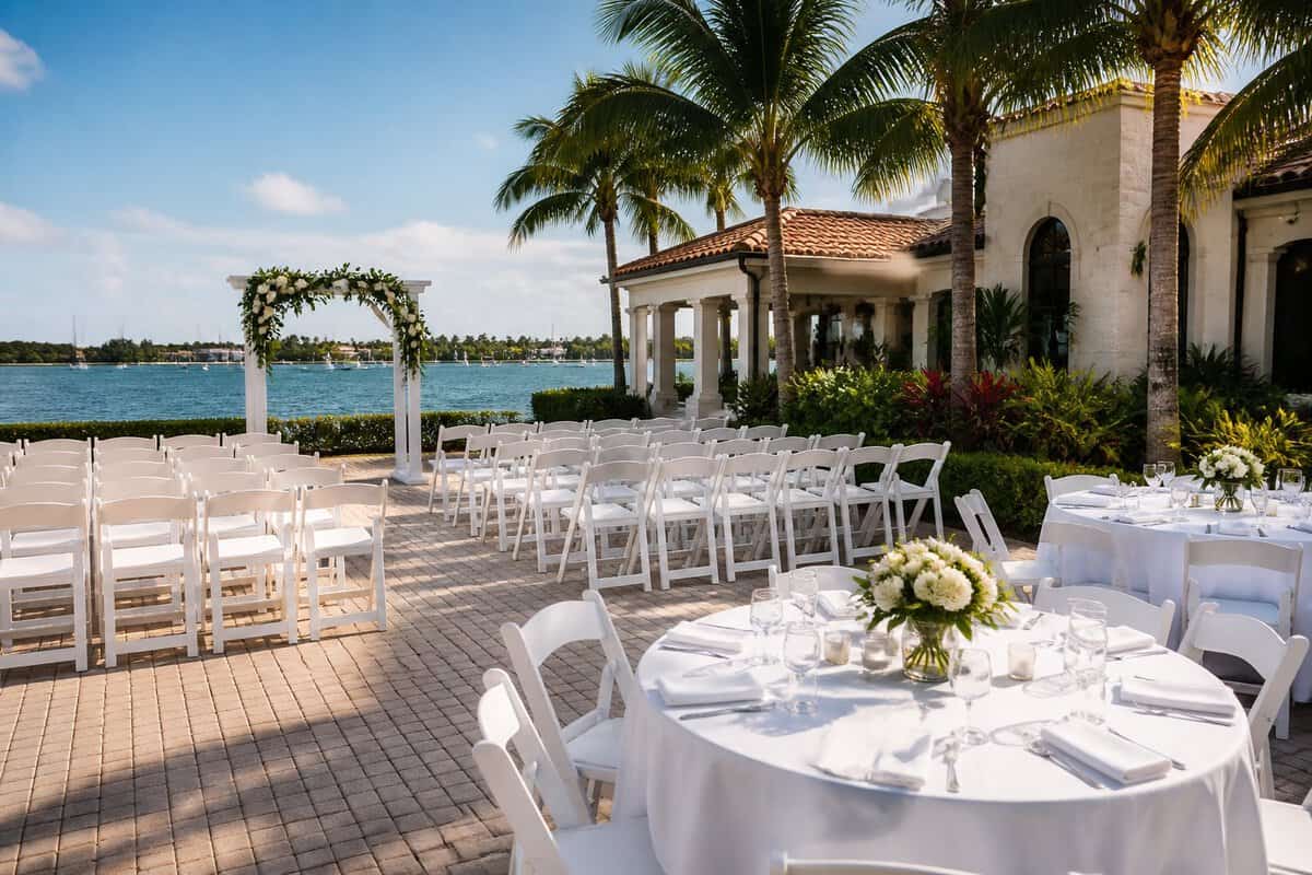 An elegant outdoor wedding venue with white chairs, a floral arch, palm trees, and a waterfront courtyard.