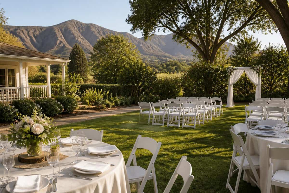 A modest outdoor wedding venue with white chairs, a floral arch, and reception tables surrounded by trees and foothills.