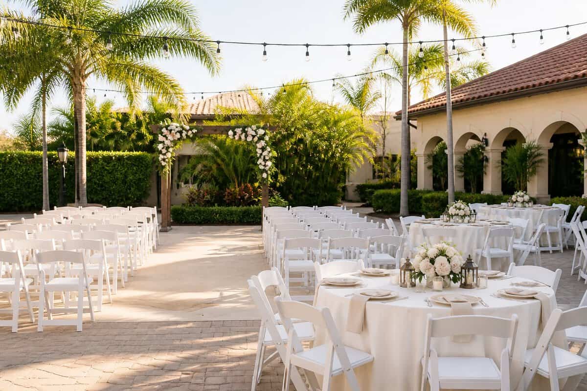 An affordable outdoor wedding venue in West Palm Beach with a simple floral arch, white chairs, decorated tables, palm trees, and warm sunlight.