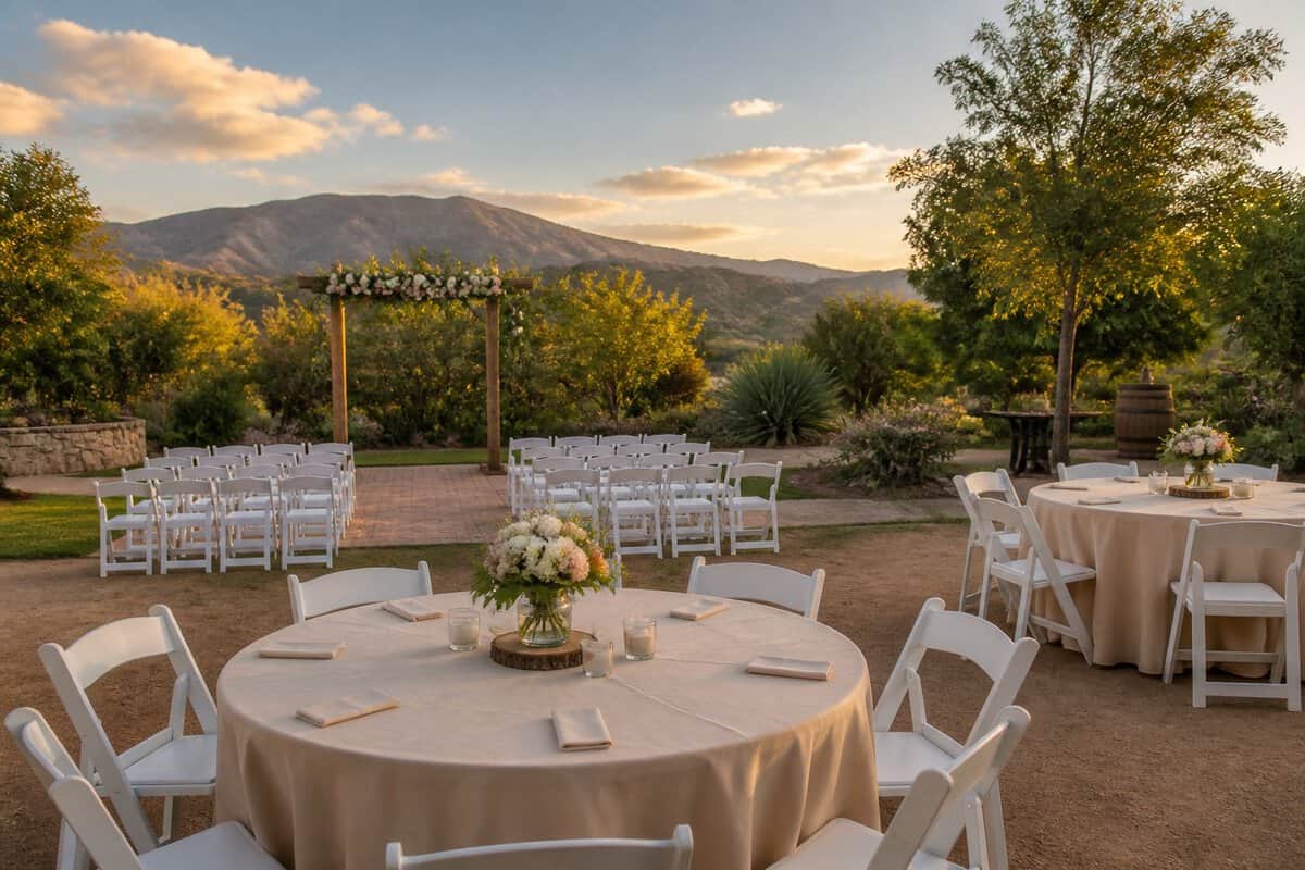 An intimate outdoor wedding setup with white chairs, simple floral decorations, and reception tables in a landscaped venue with mountains in the background.