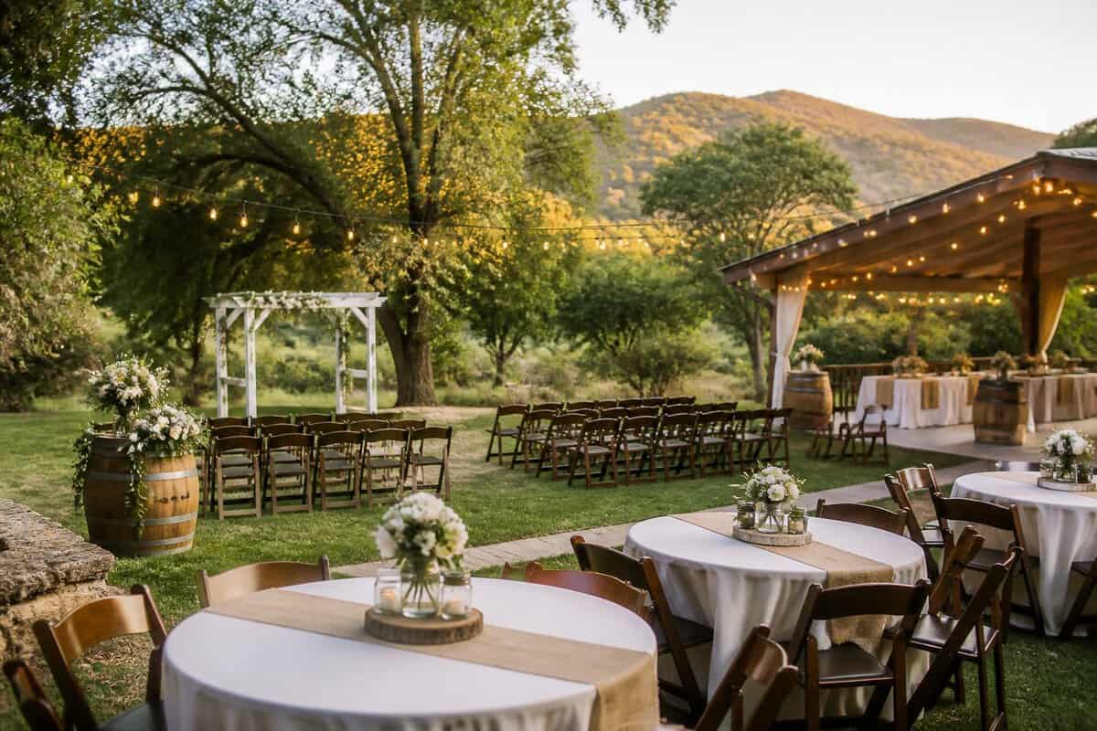 An intimate outdoor wedding venue with a flower-decorated arbor, wooden chairs, and simply decorated reception tables among oak trees and rolling hills.