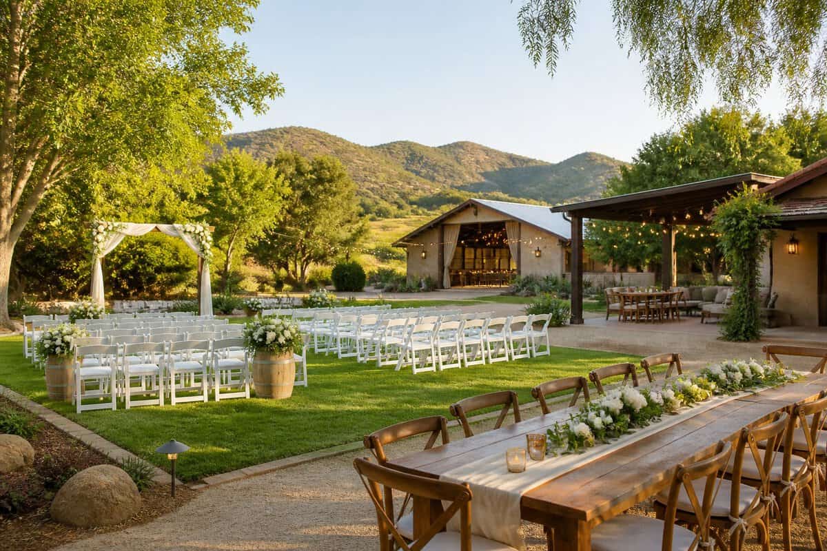 An affordable outdoor wedding venue with white chairs, a simple floral arch, garden space, and rolling foothills in the background.