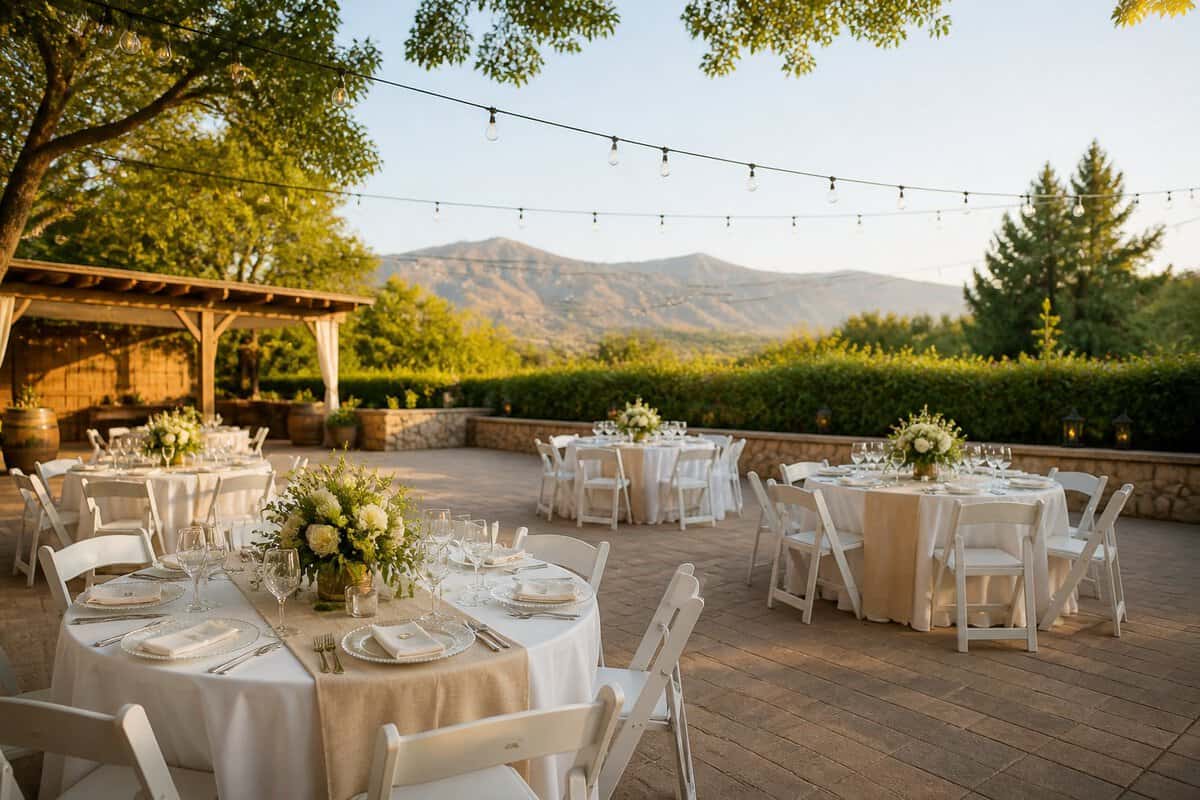A modest outdoor wedding venue with simple decorated tables, white chairs, greenery, and string lights surrounded by trees.