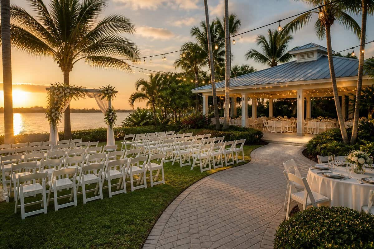 A modest waterfront wedding venue with palm trees, white chairs, a floral arch, and string lights.