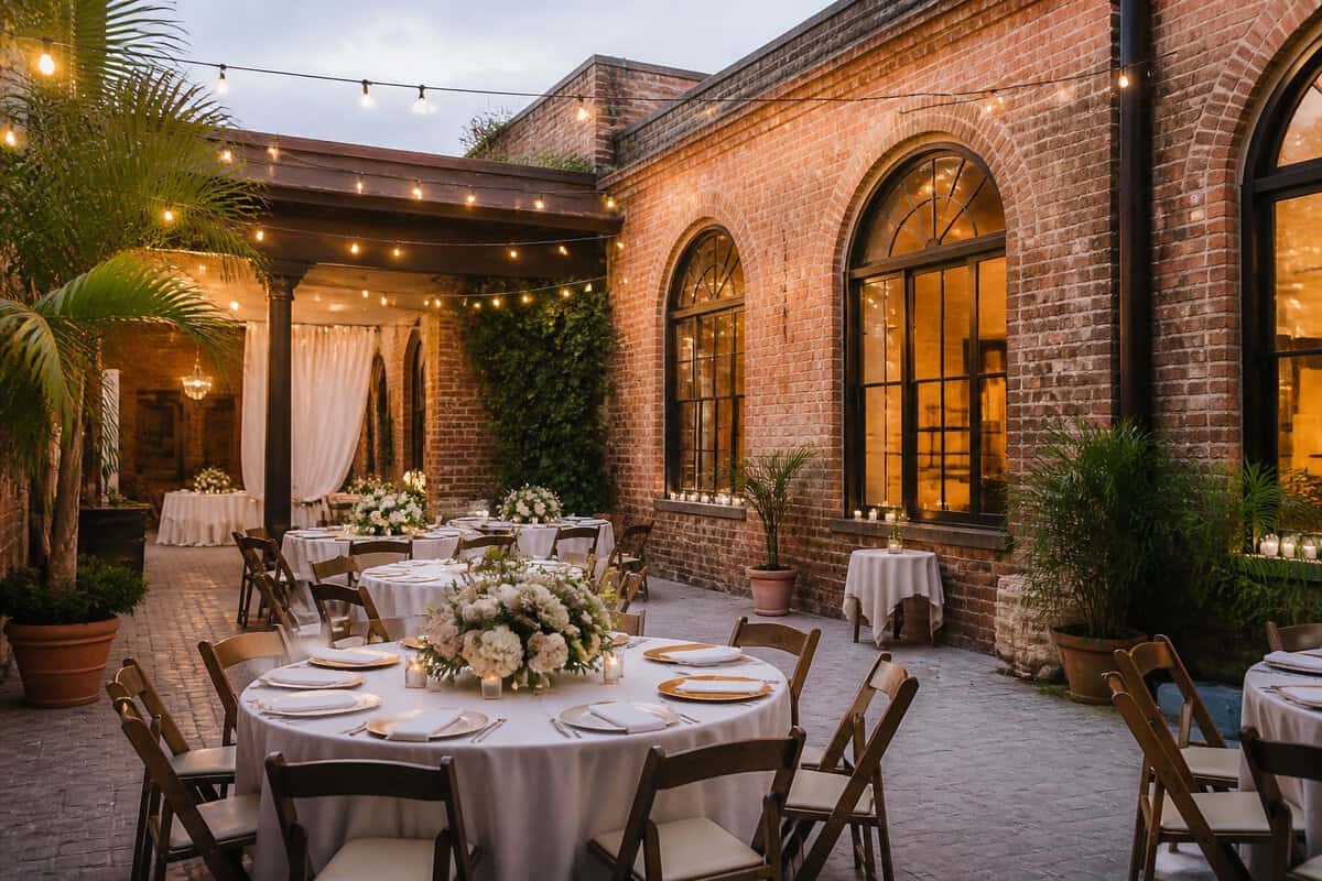 A warmly lit historic brick wedding venue in Ybor City with simple tables, flowers, string lights, and tropical greenery.