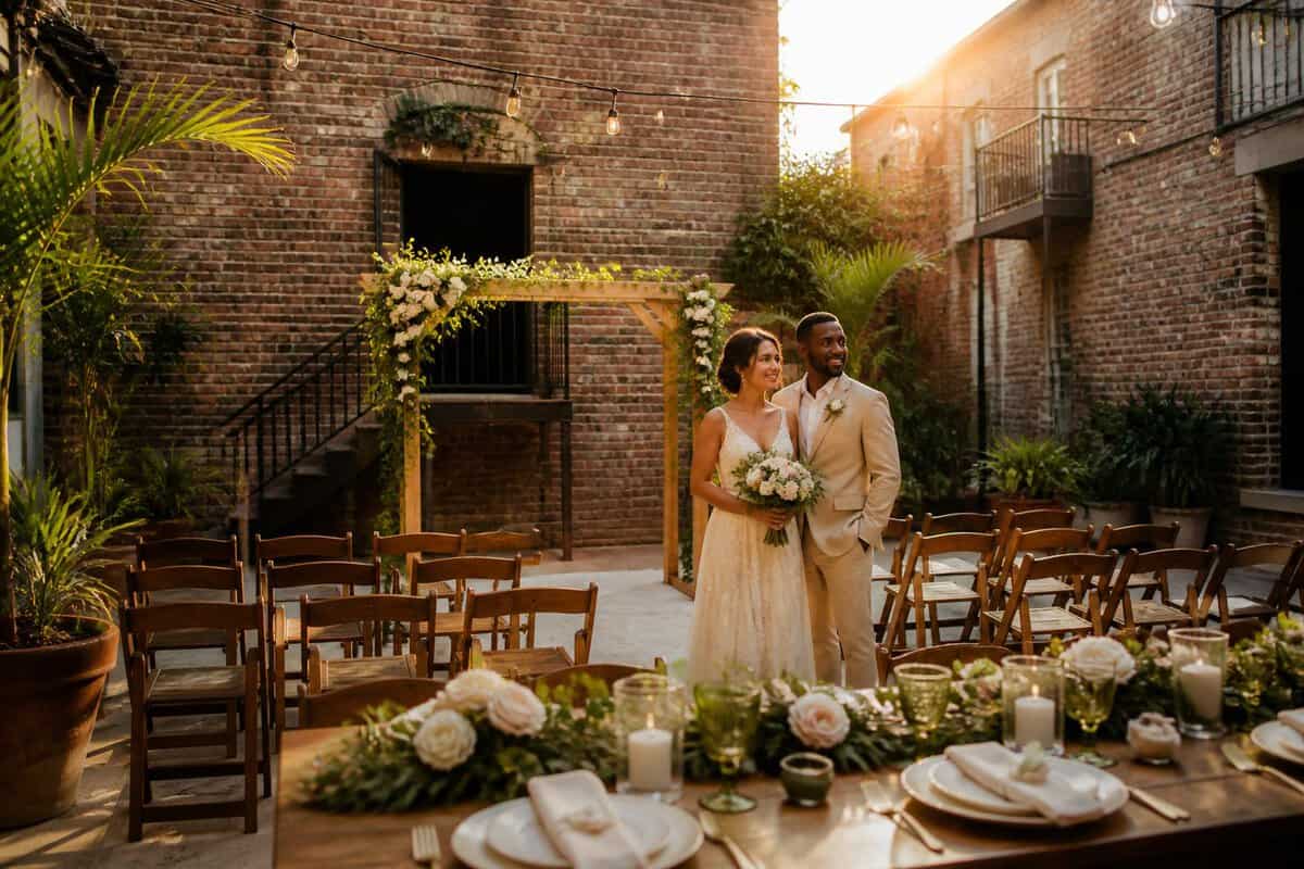 A couple stands in an intimate historic courtyard wedding venue decorated with string lights, greenery, flowers, and simple guest seating.