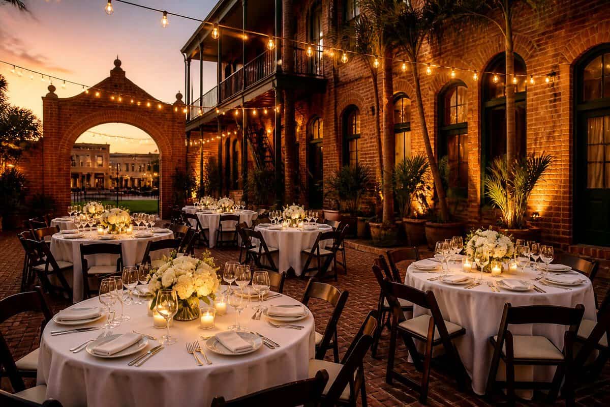 An intimate wedding reception setup outside a historic brick venue in Ybor City.