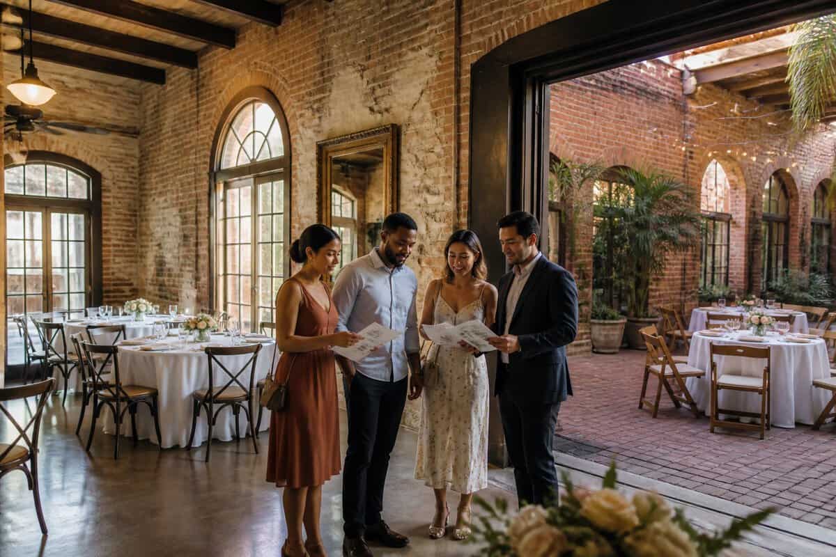 People compare two affordable wedding reception spaces in a historic brick venue.