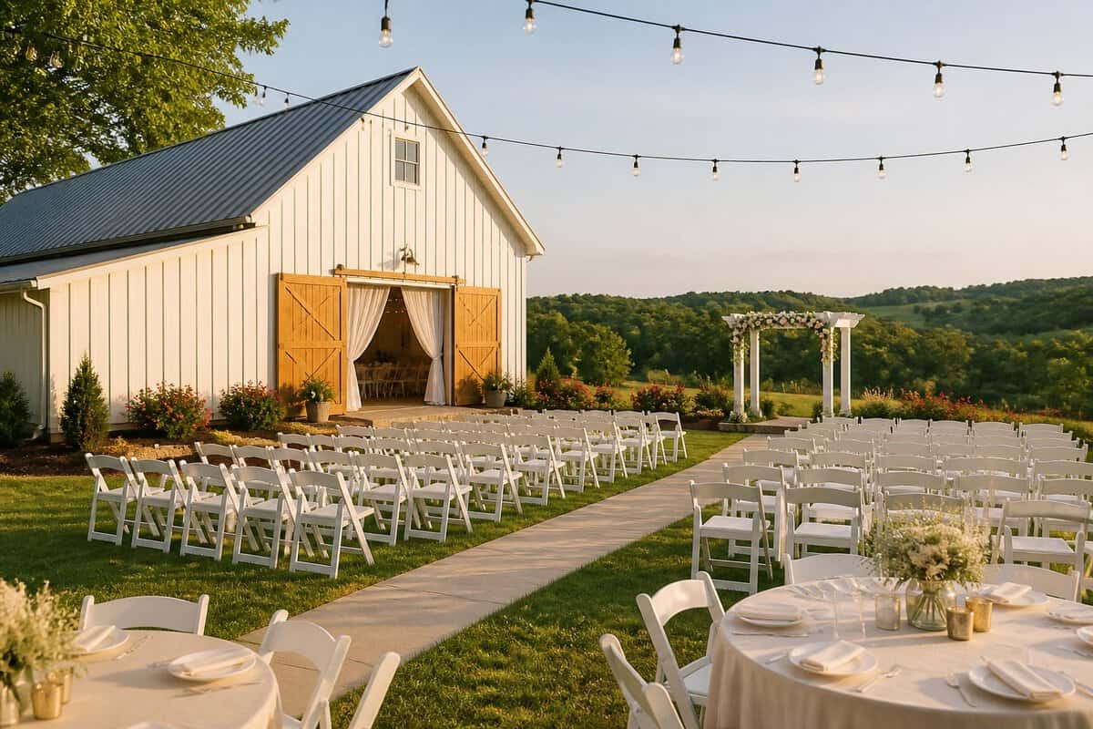 A charming outdoor wedding venue with white chairs, a floral arch, reception tables, and greenery.