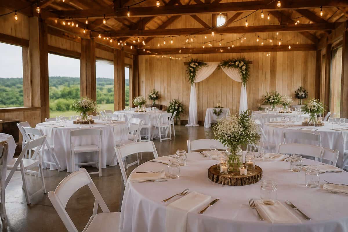 A modest wedding reception venue with decorated tables, simple floral centerpieces, and warm lighting.
