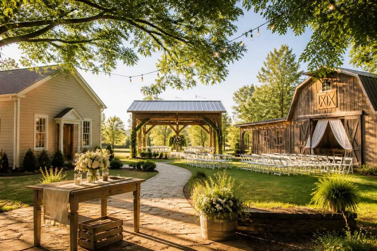 Several affordable wedding venue options, including a garden pavilion, community hall, and small barn, prepared for a simple ceremony.