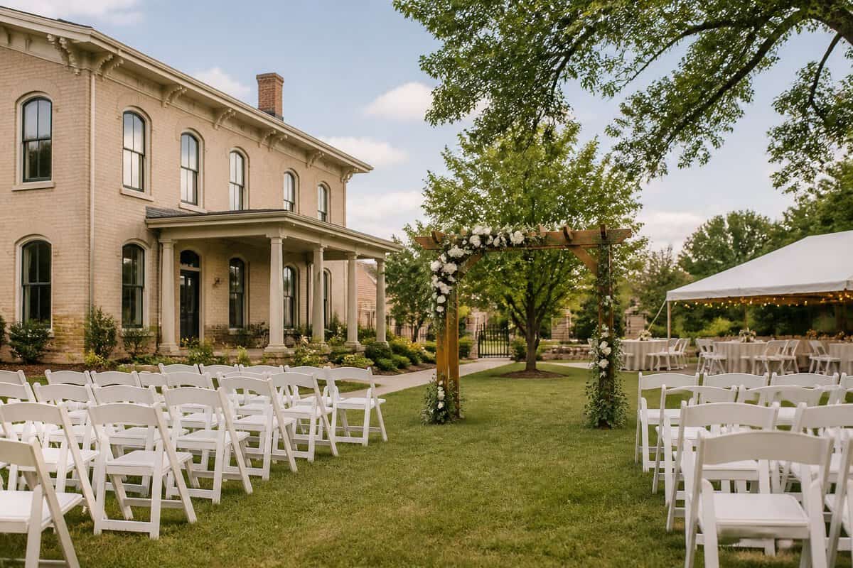 A modest wedding venue with white chairs, a flower-decorated arbor, and landscaped grounds.