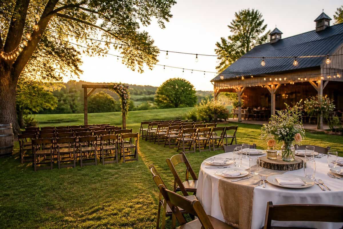 A warmly decorated outdoor wedding venue beside a rustic building, surrounded by trees and open greenery.