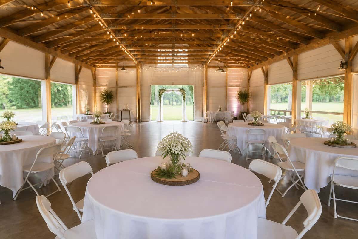 A modest and welcoming wedding venue with simply decorated tables, floral centerpieces, and warm string lights.